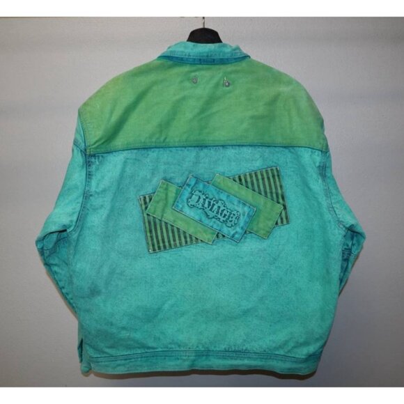 Vintage 90s Major Damage Turquoise Denim Jacket Men’s XL Hong Kong Hip Hop Rave - Picture 10 of 12